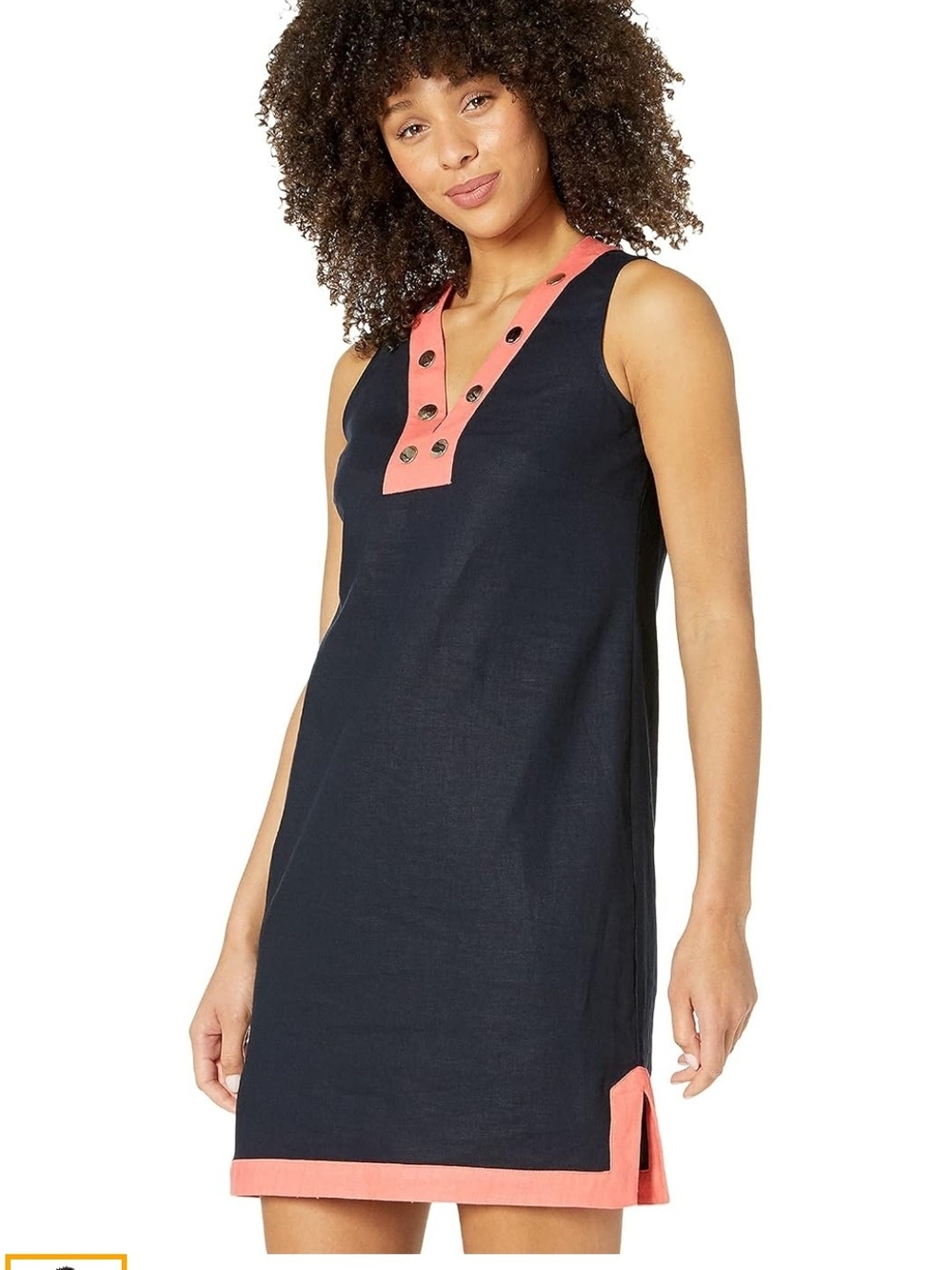 Tommy Hilfiger Navy Linen Dress with Coral Orange Trim